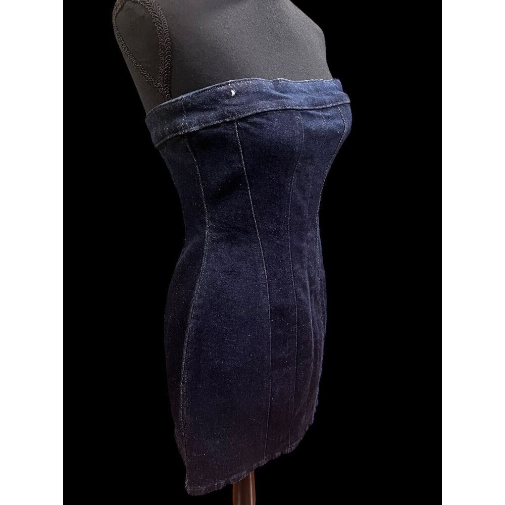 ZARA Strapless Mini Dress Women SM Dark Denim with stretch 90s western country - Picture 3 of 9